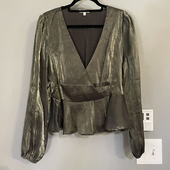 Peach Top Women's‎ Size L Green Metallic Long Sleeve Peplum Shirt Party Holidays - Picture 1 of 11